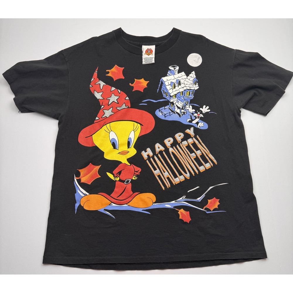 Looney Tunes Mens XL T-Shirt Black Happy Halloween Tweety Bird Sylvester Witch